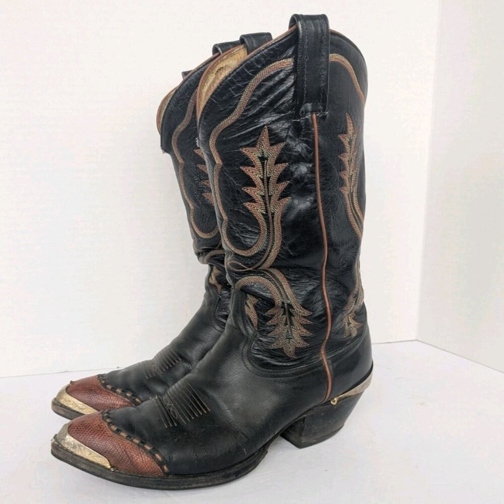 Tony Lama Vintage Cowboy Boots Mens 10 D-USA Made-Toe Tips Bull Shoulder Worn